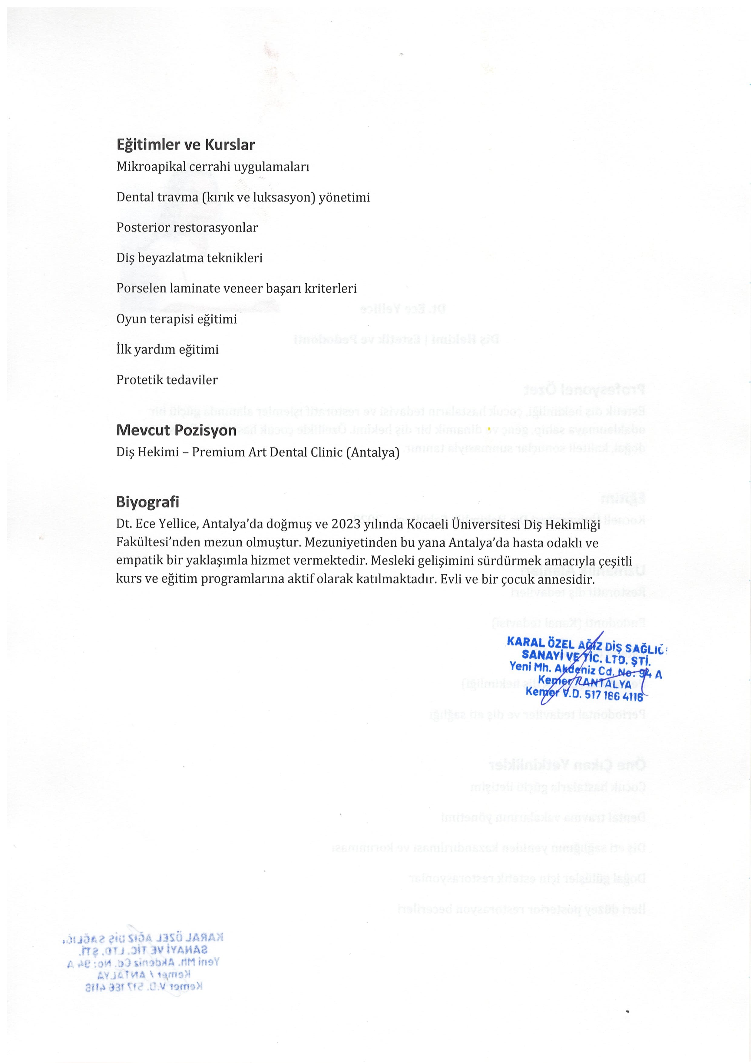 Dt. Ece Yellice CV / Özgeçmiş 1