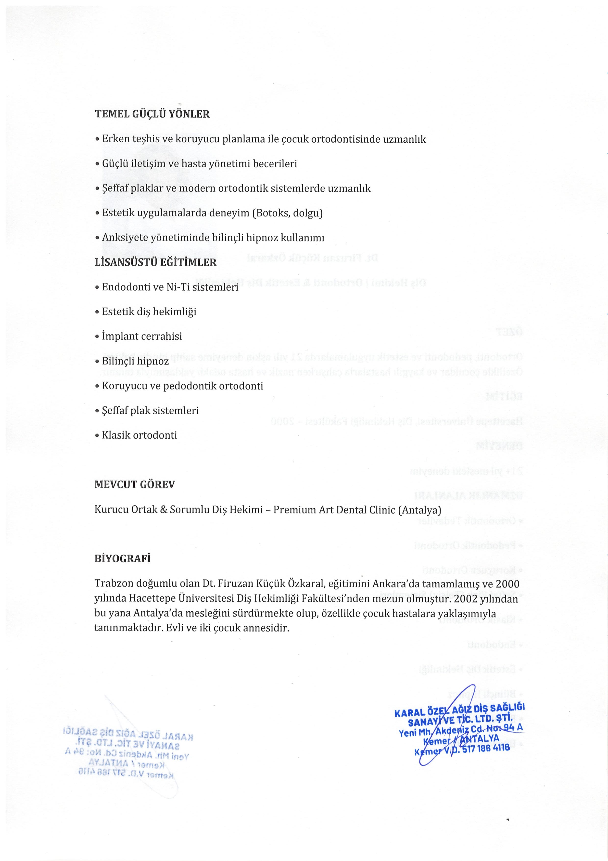 Dt. Firuzan Küçük Özkaral CV / Özgeçmiş 2