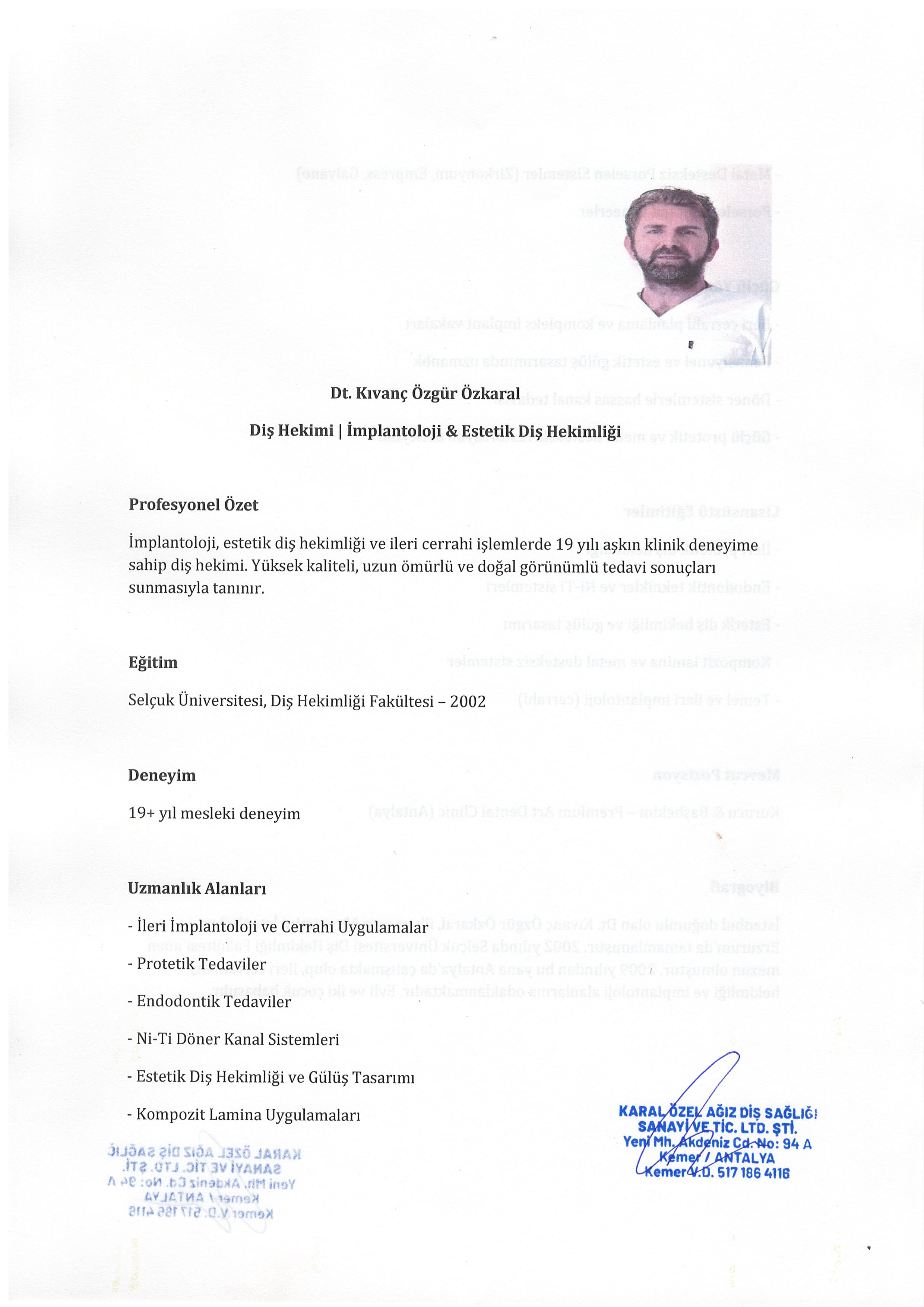 Dt. Kıvanç Özgür Özkaral CV / Özgeçmiş 1