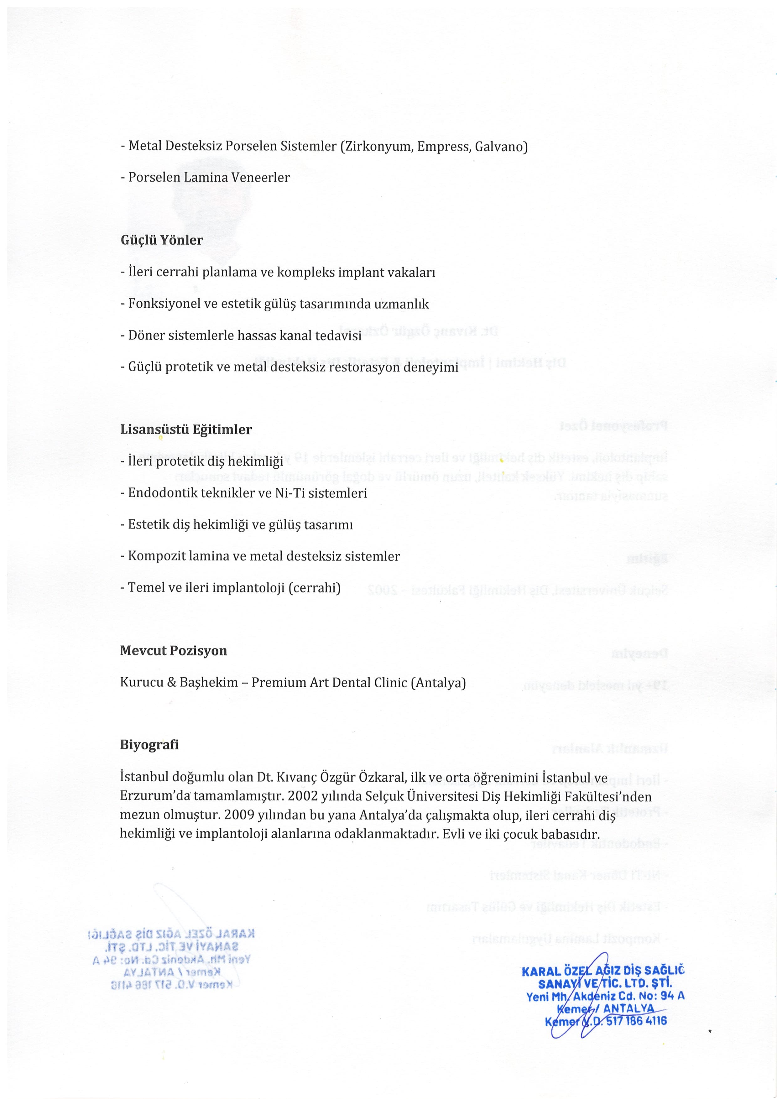 Dt. Kıvanç Özgür Özkaral CV / Özgeçmiş 2